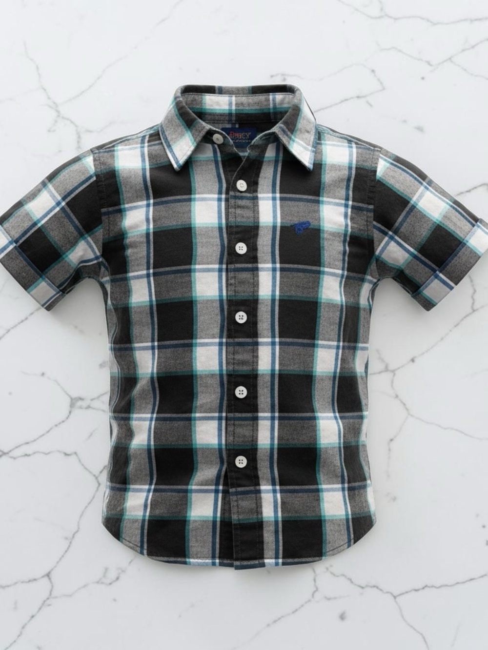 Wrangler Black and Teal Plaid Short-Sleeve Button-Down Shirt
